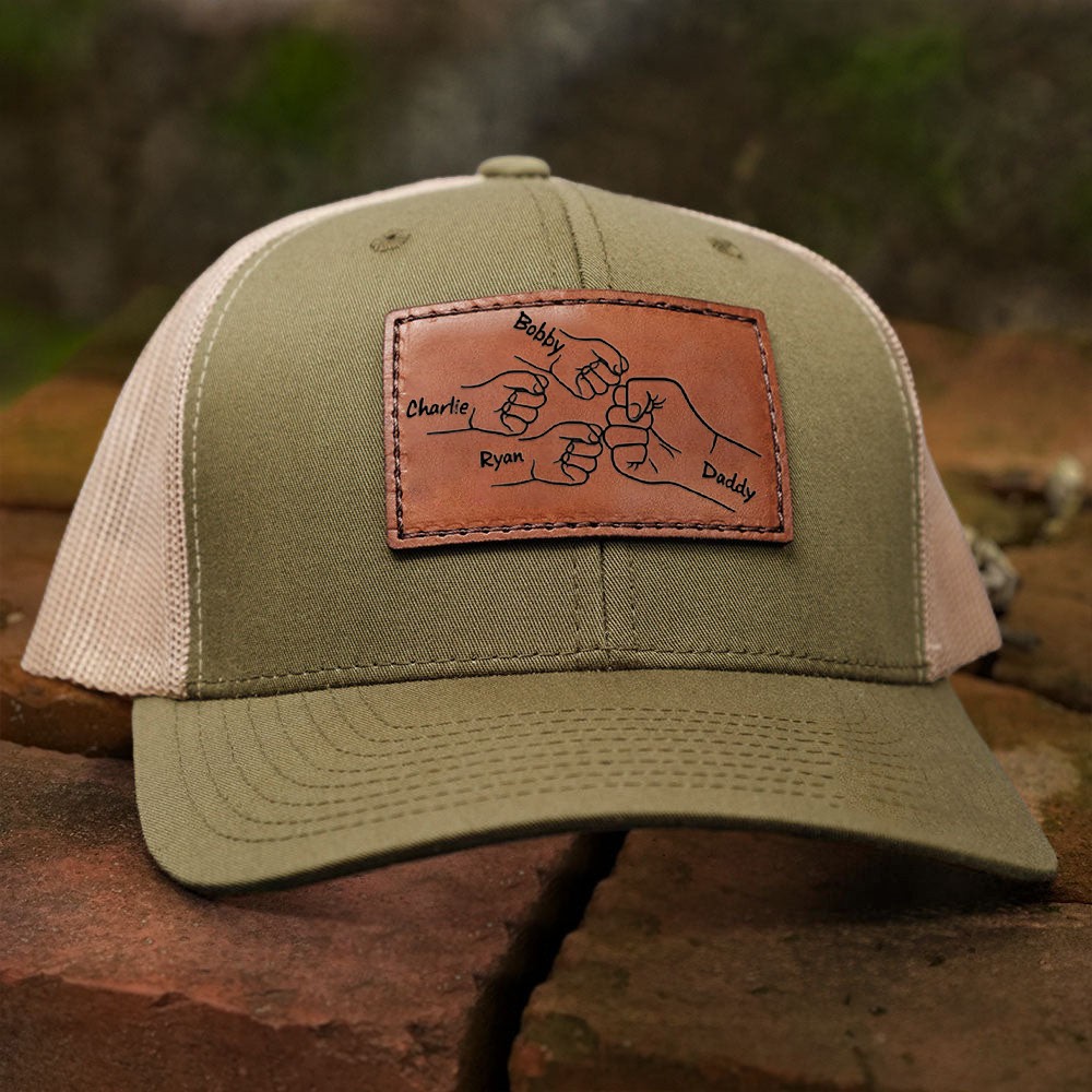 Personalised Dad Hat with Kids Names Leather Patch Trucker Hat Father's Day Gift