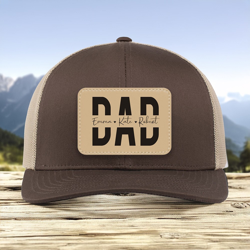Personalised Dad Hat with Kids Names Leather Patch Trucker Hat Father's Day Gift