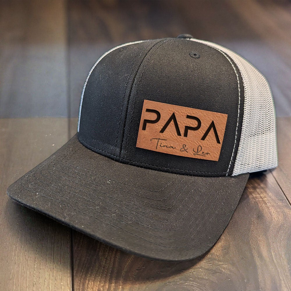 Personalised Dad Hat with Kids Names Leather Patch Trucker Hat Father's Day Gift
