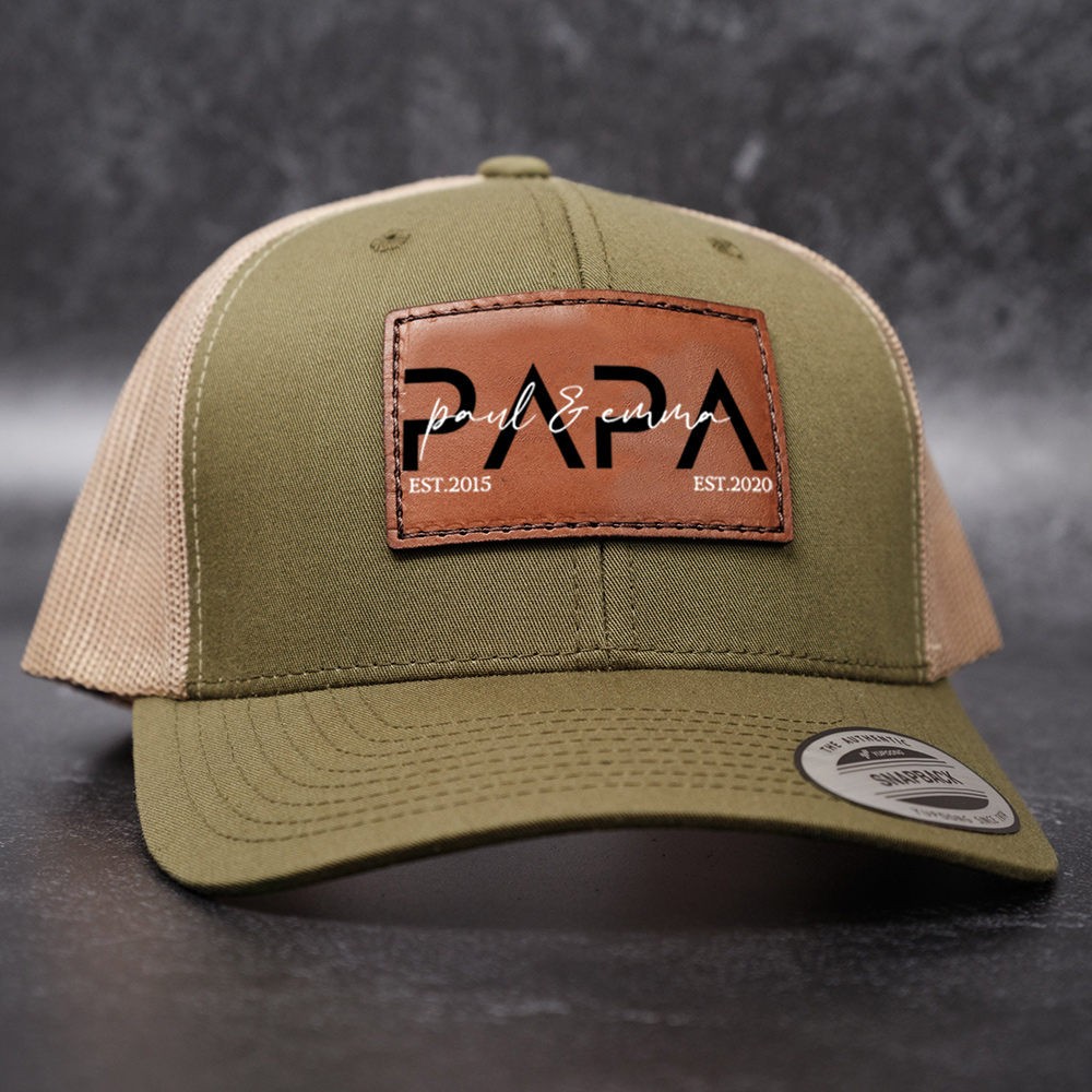 Personalised Dad Hat with Kids Names Leather Patch Trucker Hat Father's Day Gift
