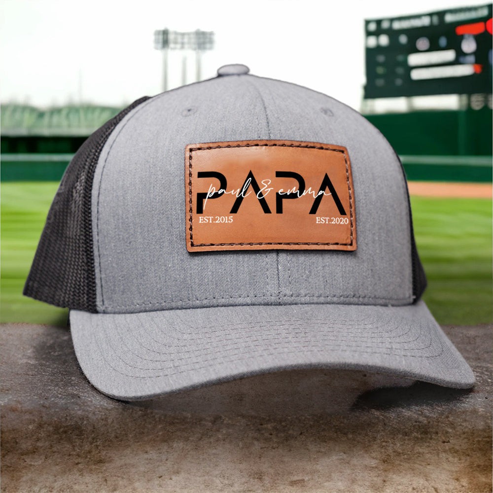 Personalised Dad Hat with Kids Names Leather Patch Trucker Hat Father's Day Gift