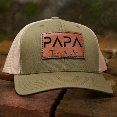 Personalised Dad Hat with Kids Names Leather Patch Trucker Hat Father's Day Gift
