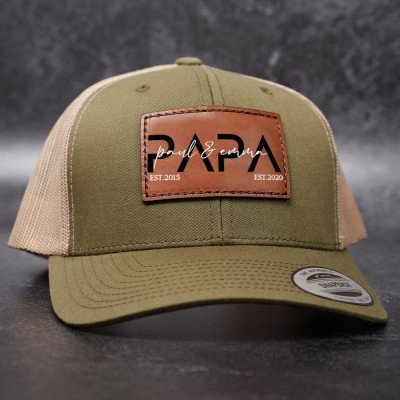 Personalised Dad Hat with Kids Names Leather Patch Trucker Hat Father's Day Gift