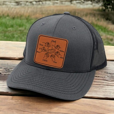 Personalised Dad Hat with Kids Names Leather Patch Trucker Hat Father's Day Gift
