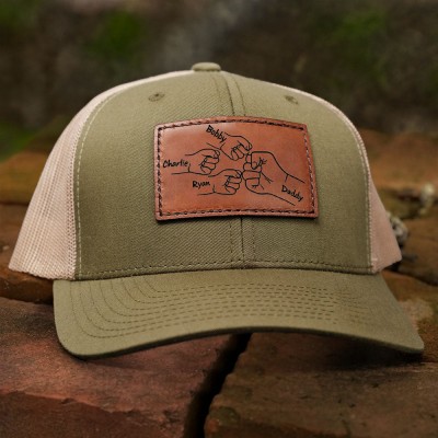 Personalised Dad Hat with Kids Names Leather Patch Trucker Hat Father's Day Gift