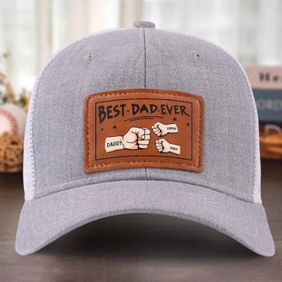 Personalised Dad Hat with Kids Names Leather Patch Trucker Hat Father's Day Gift