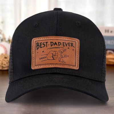 Personalised Dad Hat with Kids Names Leather Patch Trucker Hat Father's Day Gift