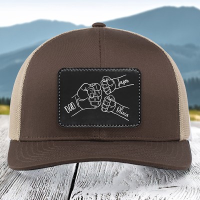 Personalised Dad Hat with Kids Names Leather Patch Trucker Hat Father's Day Gift