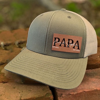 Personalised Dad Hat with Kids Names Leather Patch Trucker Hat Father's Day Gift